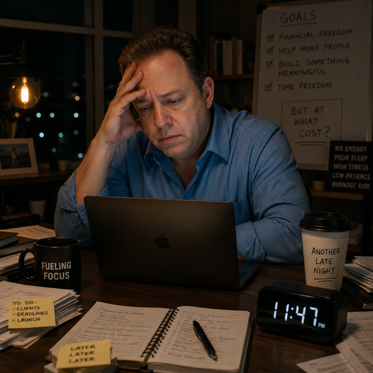 A tired entrepreneur at night with laptop, coffee, and stress, representing years of forcing energy instead of supporting the body