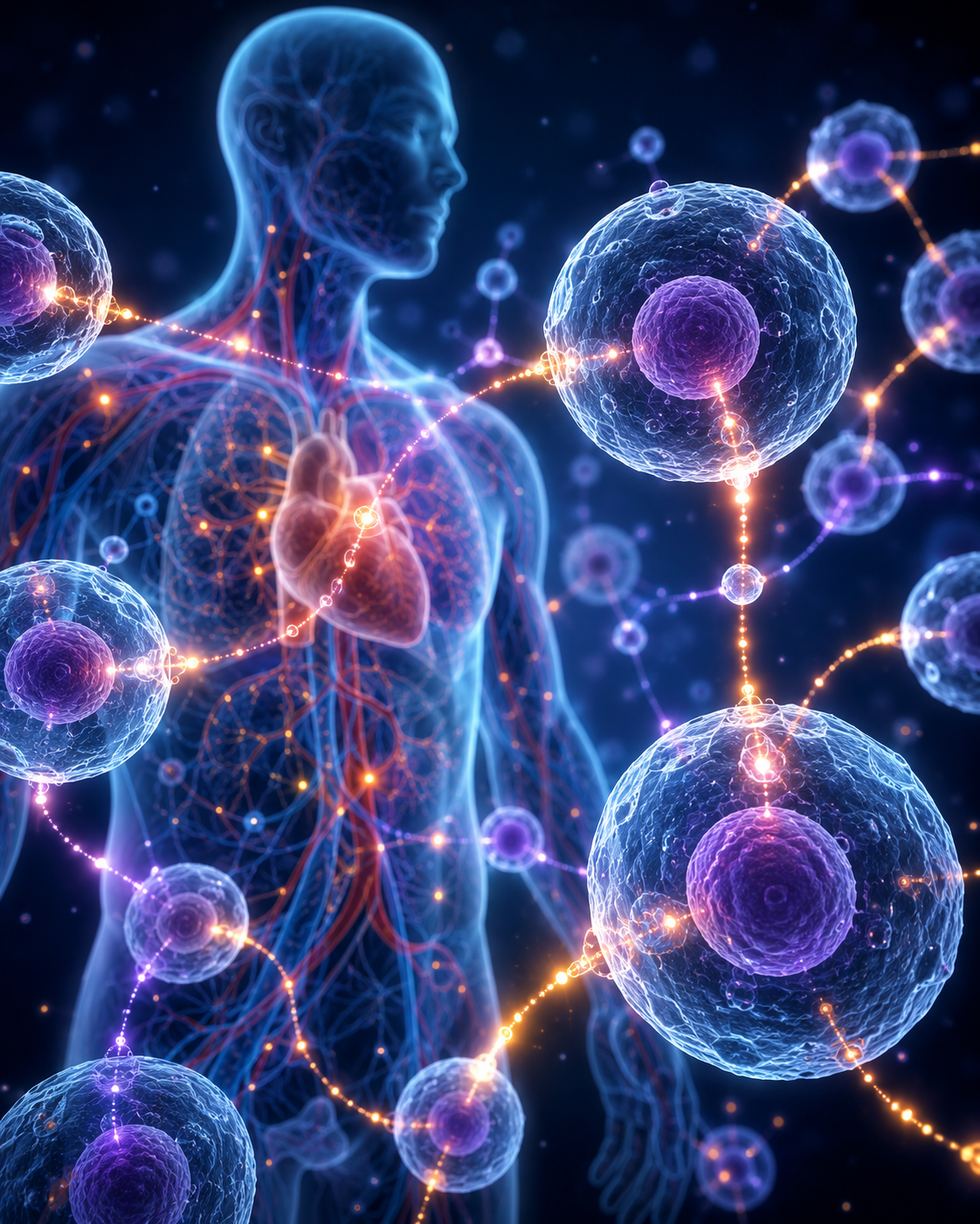 Conceptual image of healthy cells communicating with glowing signals inside the human body