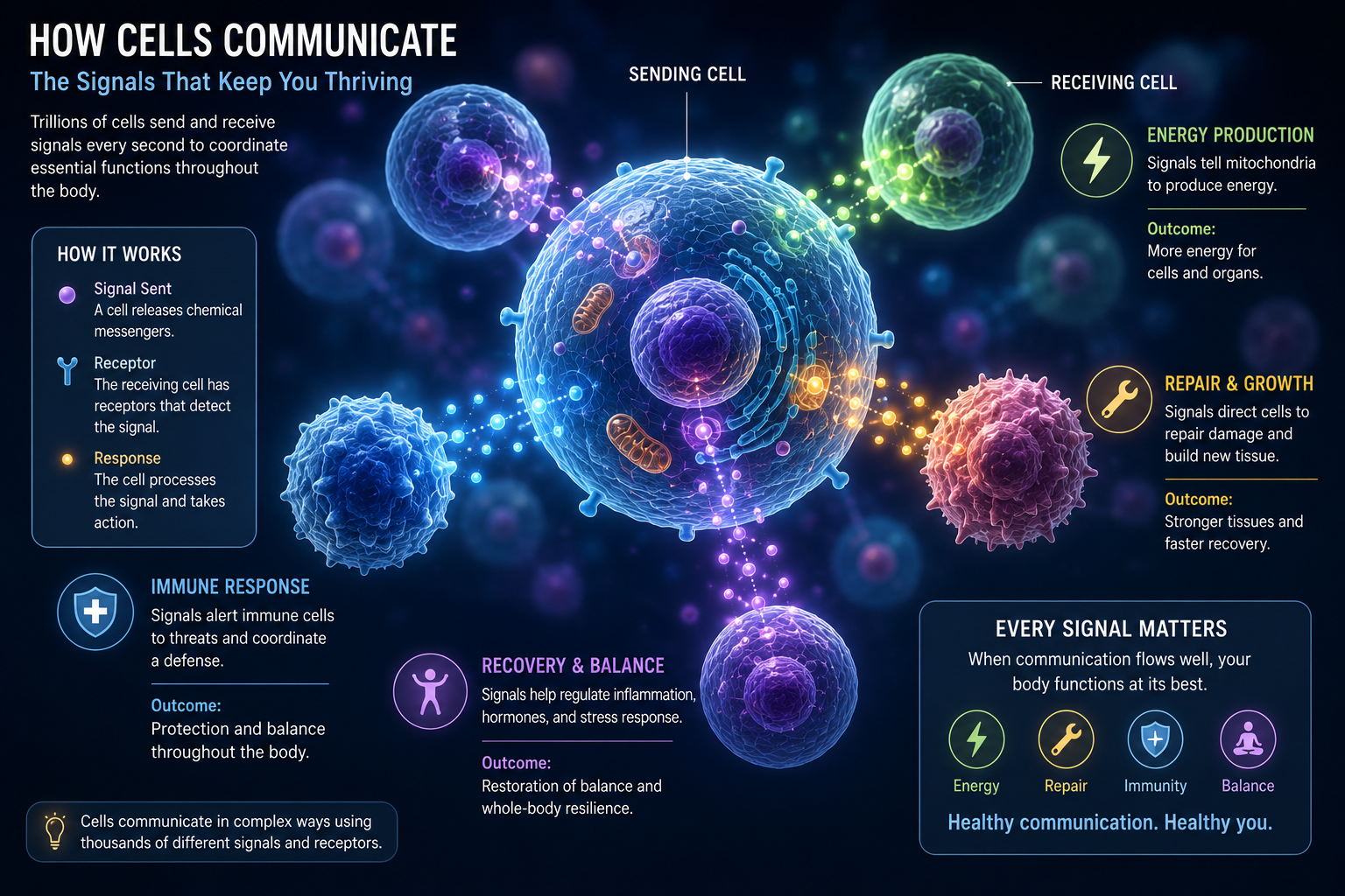 Diagram showing cells sending and receiving signals related to energy, repair, immune response, and recovery