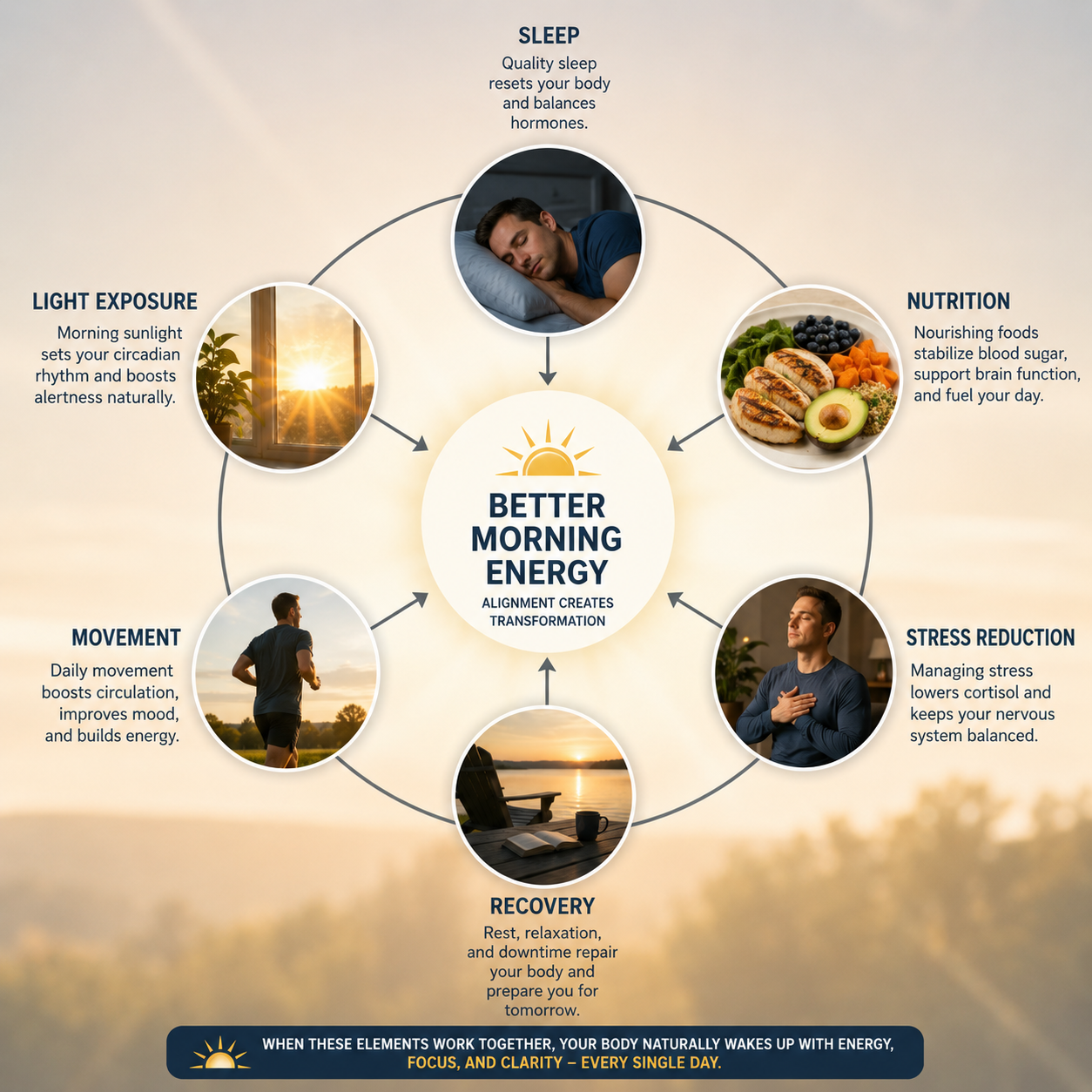 Diagram-style image showing sleep, light, nutrition, movement, stress reduction, and recovery all connected around better morning energy