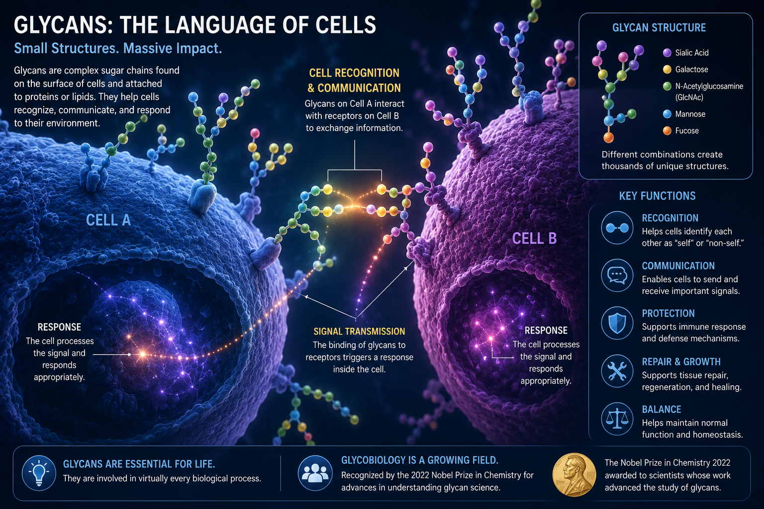 Modern science image showing glycans on the surface of cells as part of cellular recognition and communication