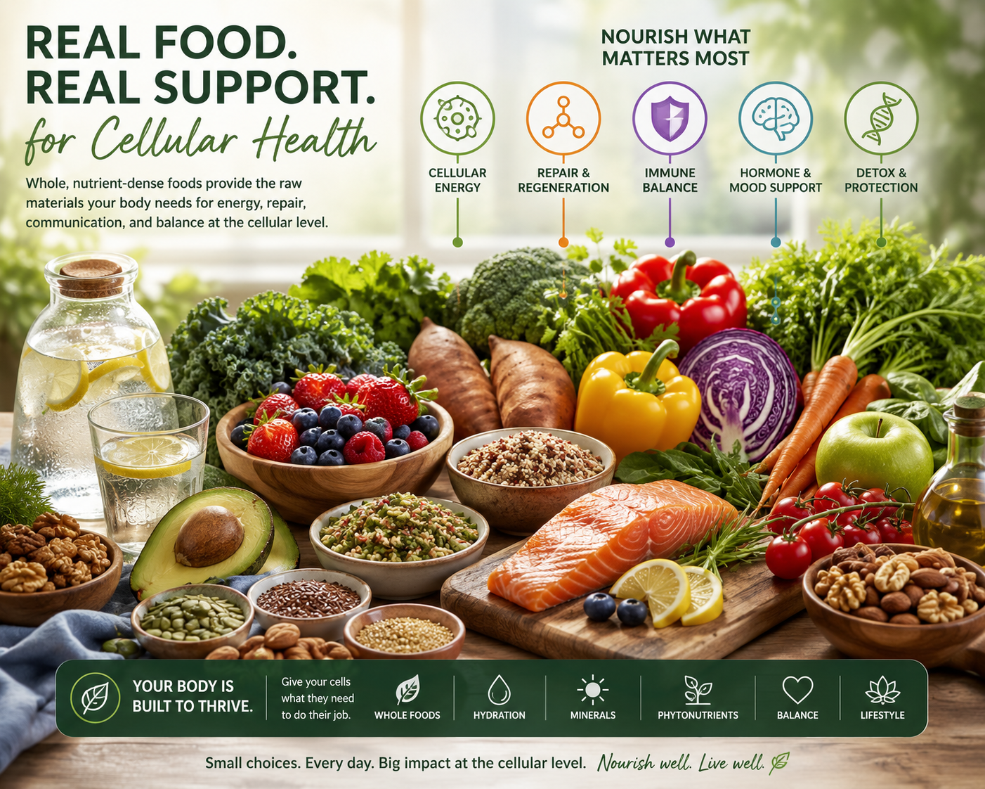 Whole food nutrition scene with colorful fruits vegetables water and natural ingredients supporting cellular health