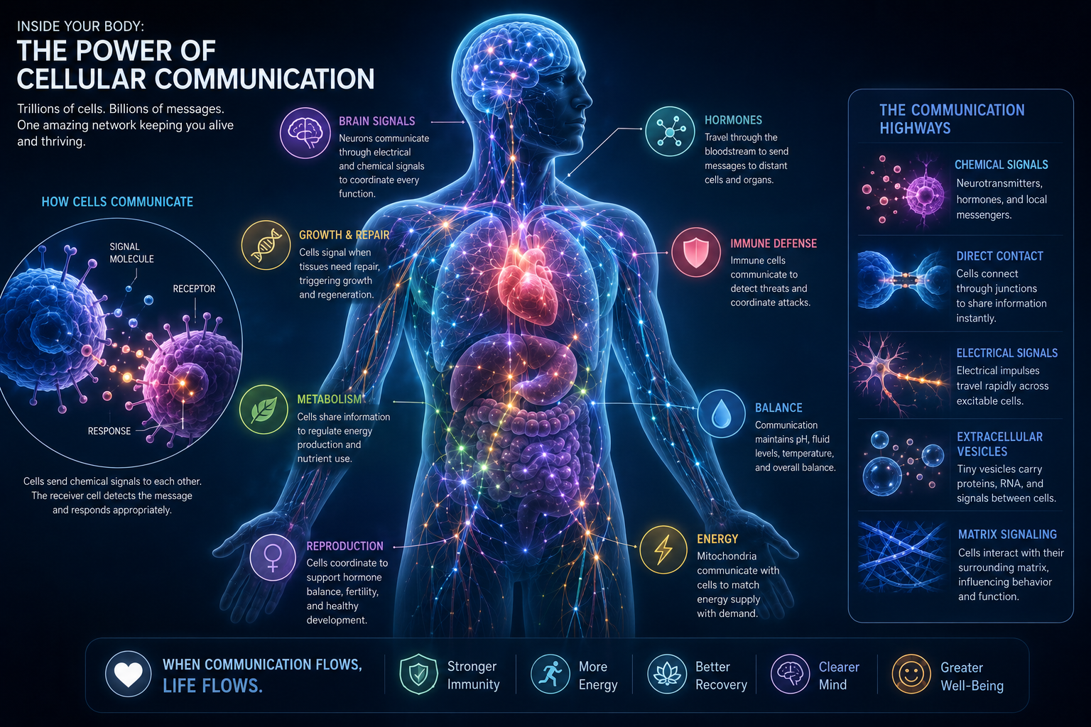 Conceptual illustration of cellular communication pathways inside the human body
