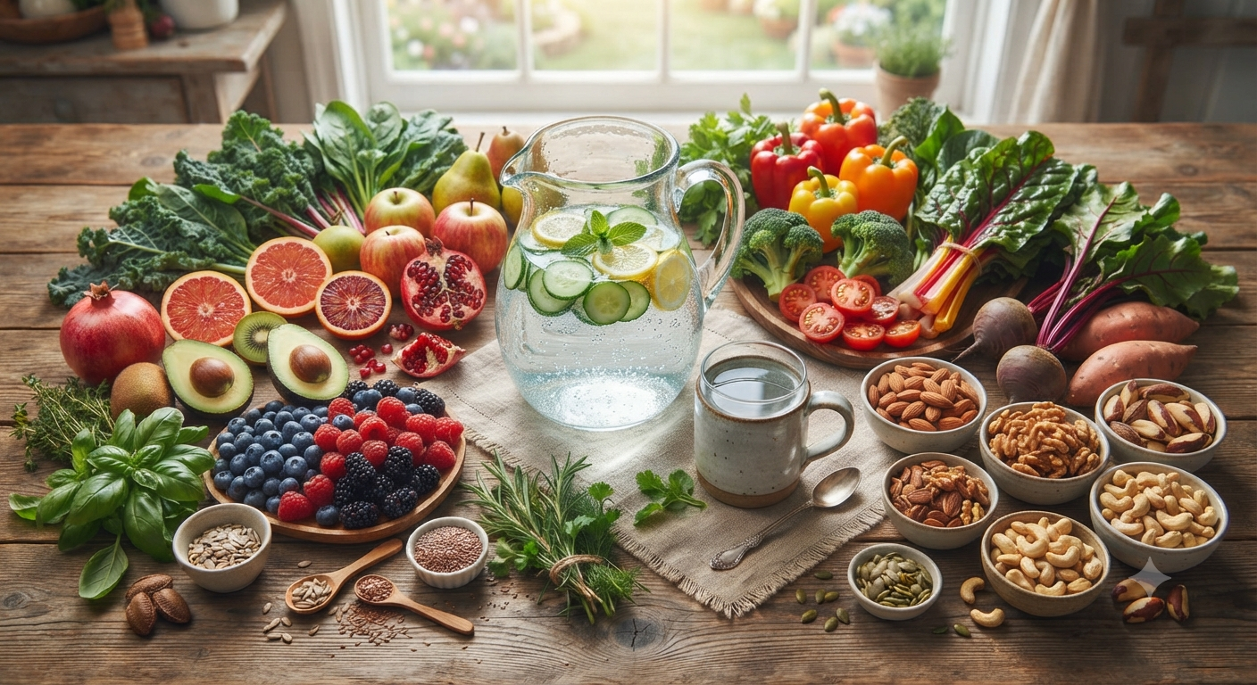 Colorful whole foods including fruits vegetables herbs nuts seeds and clean water representing nutrient complexity