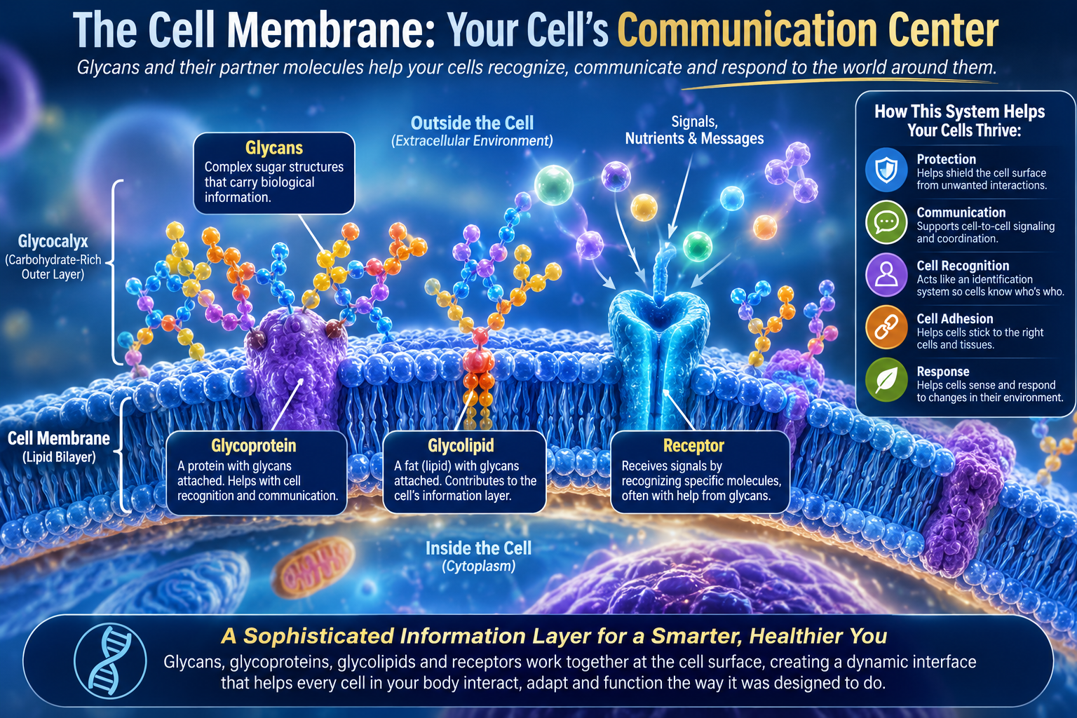 Diagram of a cell membrane showing glycans glycoproteins glycolipids and receptors interacting with the surrounding environment