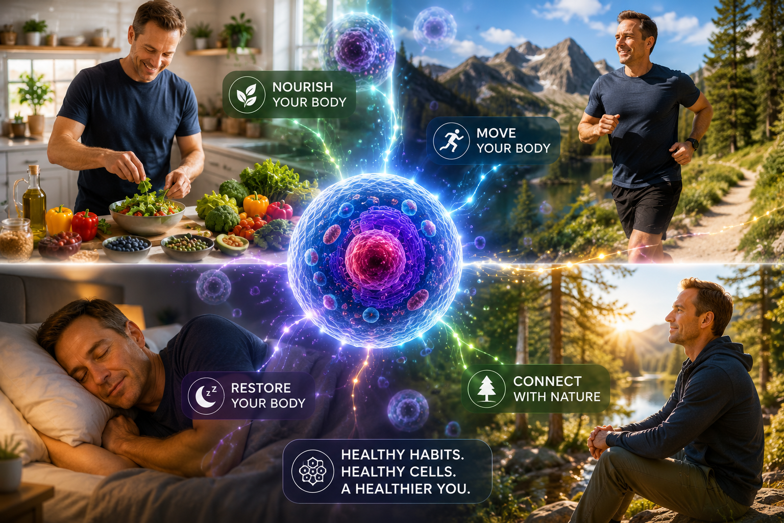 Healthy human cells receiving nutrients and communicating with neighboring cells through molecular signals