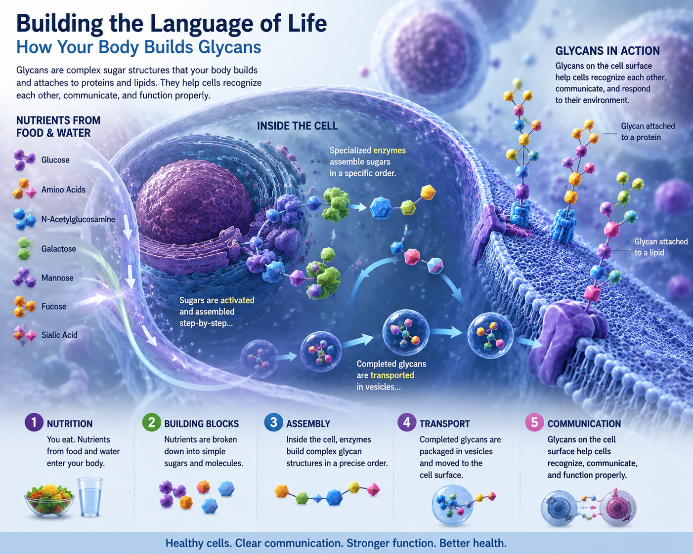 Illustration of healthy cells building glycan structures from nutrients inside the human body
