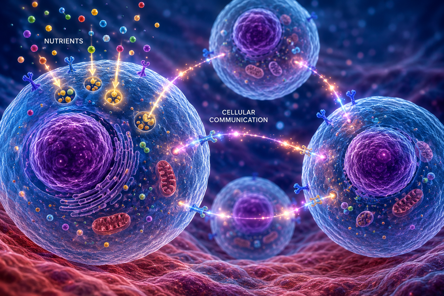 Healthy human cells receiving nutrients and communicating with neighboring cells through molecular signals