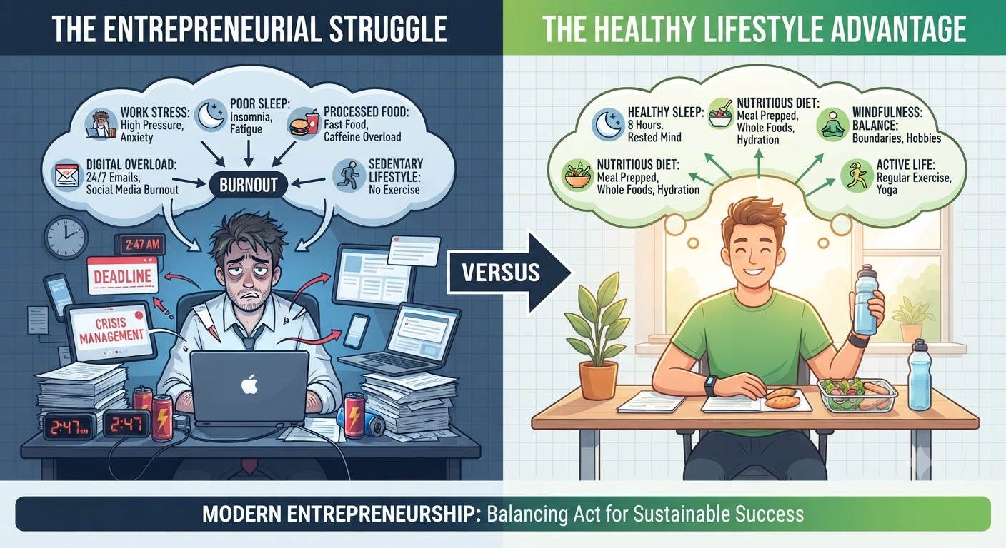 Modern entrepreneur balancing work stress poor sleep processed food and digital overload compared to healthy lifestyle choices