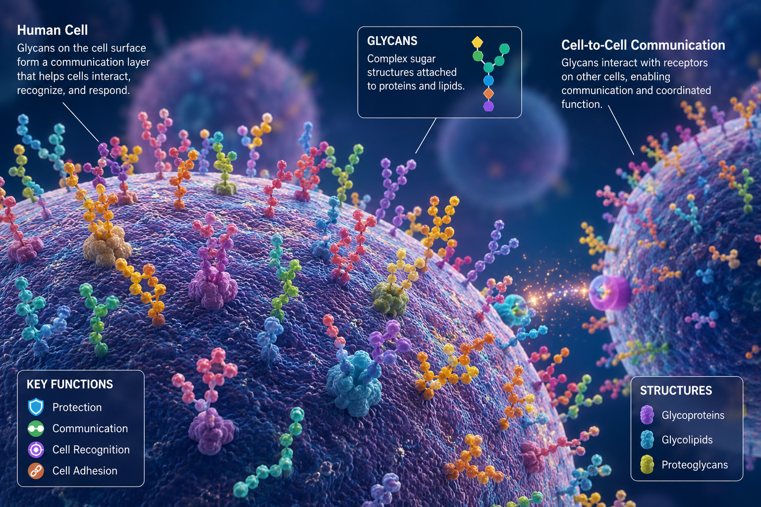 Scientific illustration of human cells covered with colorful glycan structures forming a communication layer on the cell surface