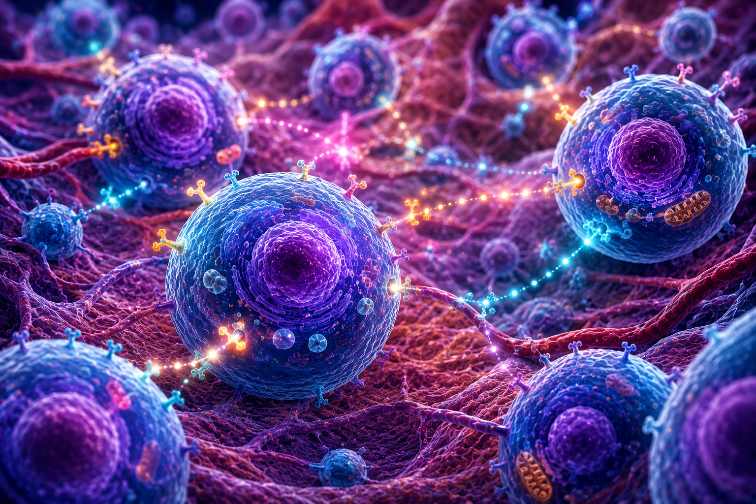 Healthy human cells receiving nutrients and communicating with neighboring cells through molecular signals