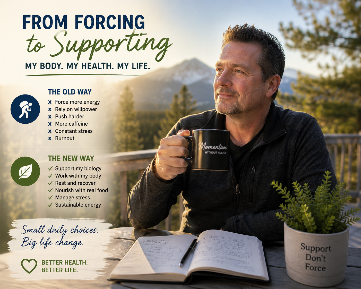Lenny Morgan enjoying a peaceful morning outdoors representing supporting the body instead of forcing it